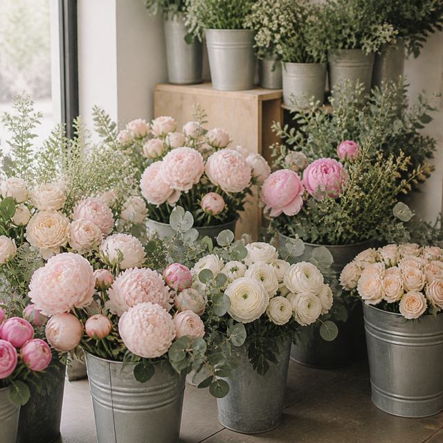 Eimer mit frischen Pfingstrosen und Ranunkeln im Blumenladen