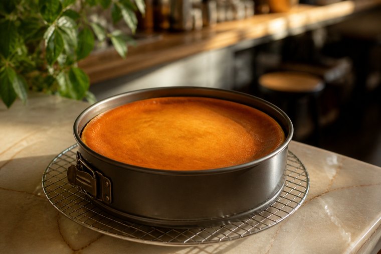 Frisch gebackener Käsekuchen in der Springform auf einem Kuchengitter