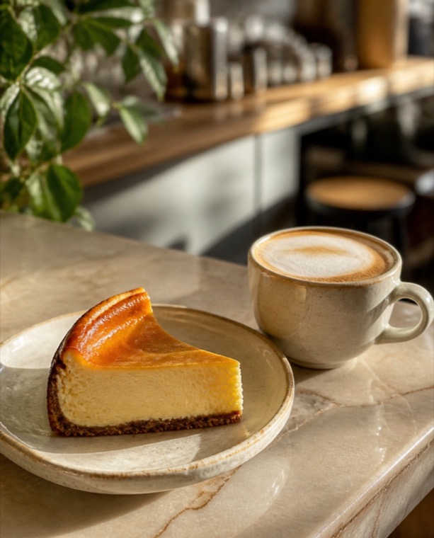 Käsekuchen und Cappuccino auf der Theke