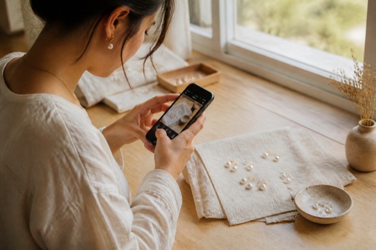 Silberschmuck liegt am Fenster und wird mit dem Handy fotografiert