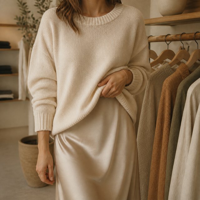 Heller Strickpullover über einem langen Satinkleid