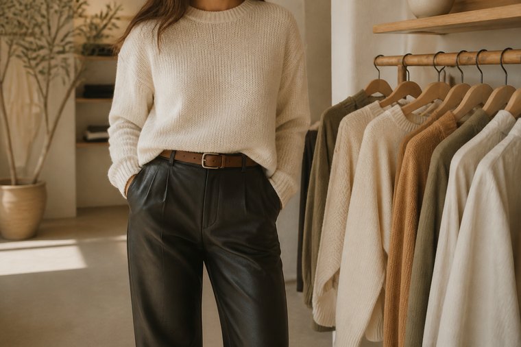 Heller Strickpullover zur schwarzen Lederhose mit Gürtel