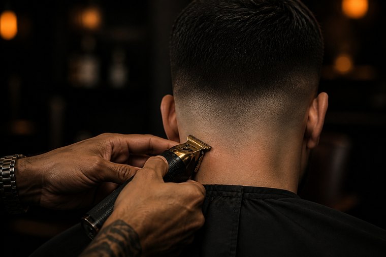 Barber zieht mit dem Trimmer die Nackenlinie nach