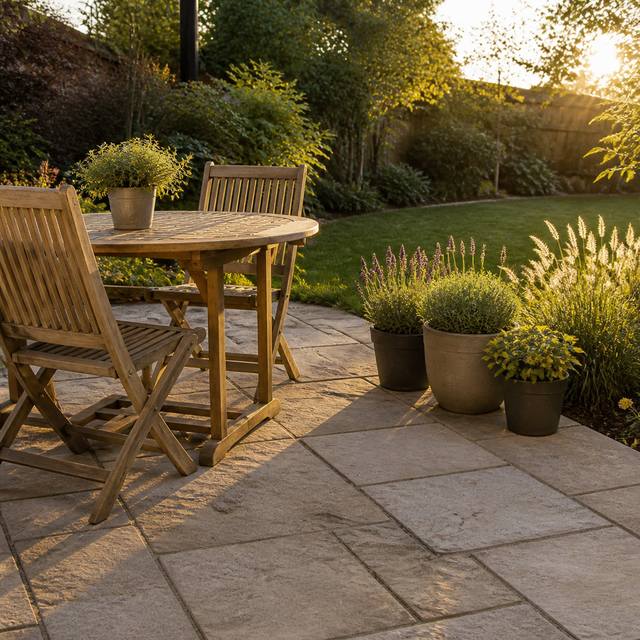 Fertige Natursteinterrasse mit Gartenmöbeln in der Abendsonne