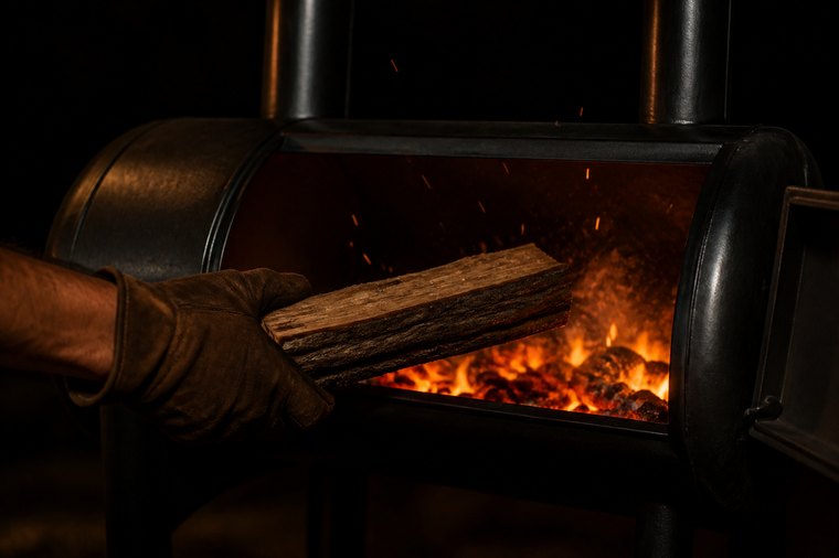 Hand im Lederhandschuh legt nachts ein Eichenscheit in die Glut des Smokers