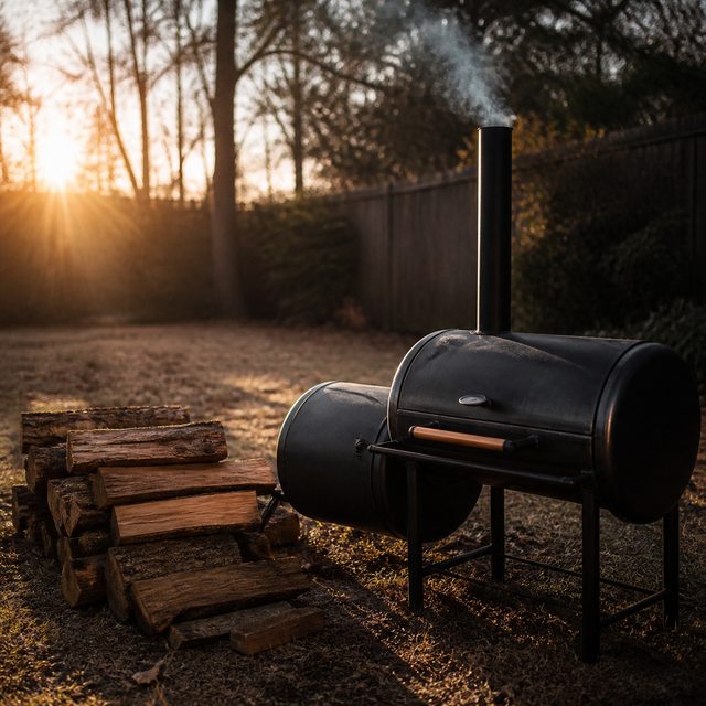 Smoker im Garten, aus dem Schornstein steigt Rauch